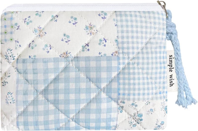 Modacarry Store Cotton Quilted Floral Coin Purse Digital Camera Pouch with Cute Prints Zipper for Women Girls (BLUE PATCH) - Image 1